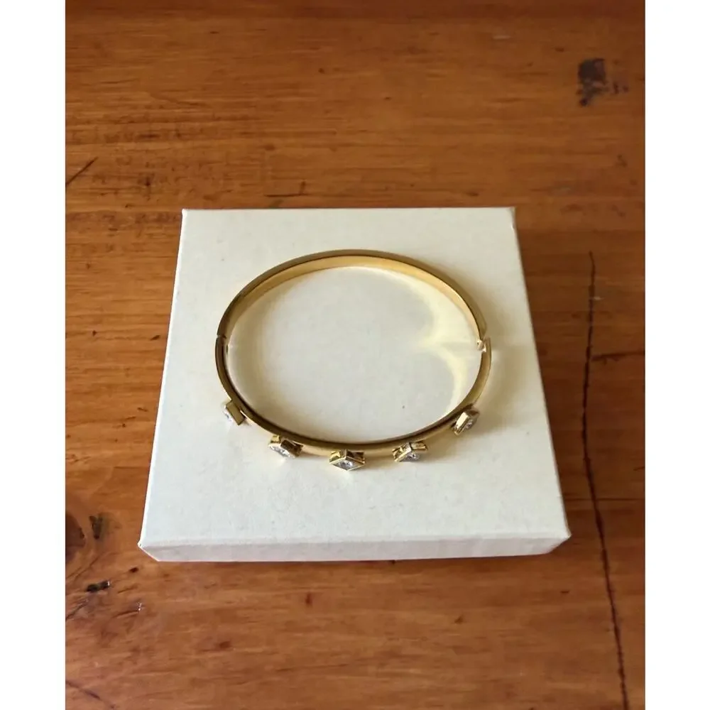 Gold Tone Crystal Hinged Bangle Bracelet Modern Geometric Minimalist Stackable
